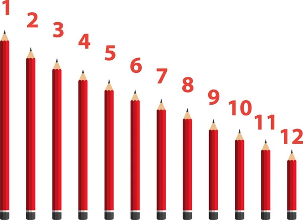 Red Pencils Numbers One Twelve White Background — Stock vektor