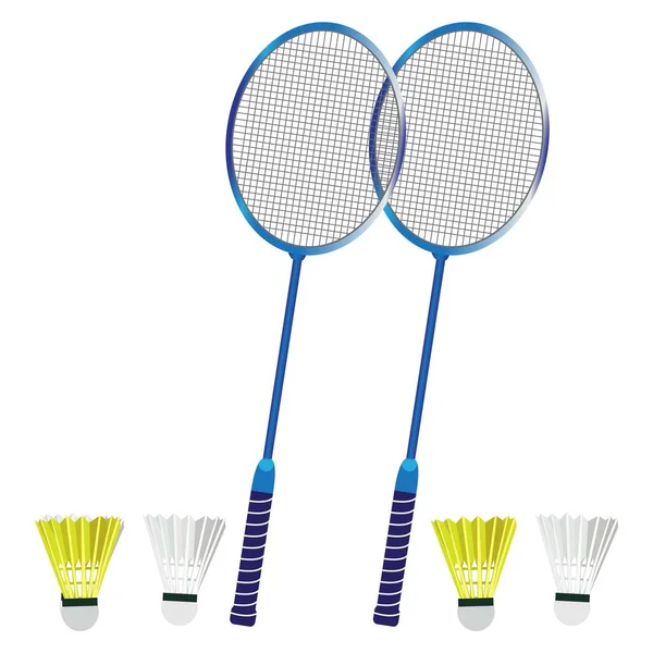Twee Badminton Racket Vier Shuttlekurken Witte Achtergrond — Stockvector