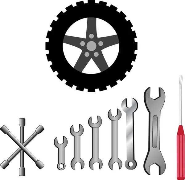 Vehicle Repair Service Tools Spanner Wrench Screw Driver Tire Etc — Stock Vector