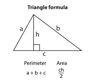 Resimli üçgen alan formülü. Beyaz arka planda matematiksel formül. Vektör