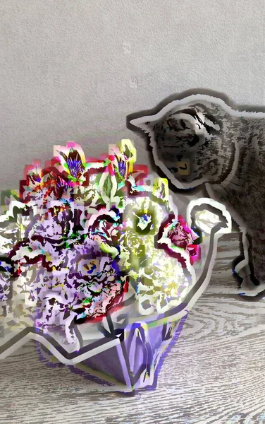 Bir buket çiçekli bir sepet. Güller ve kasımpatılar pembe arka planda bir sepette.