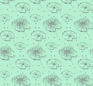 Nilüfer çiçekli, kusursuz bir desenin vektör çizimi. Kartpostal, kıyafet ve çarşaf tasarımı için hassas renkler