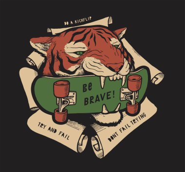 Kaplan kaykaycı tişörtü. Cesur ol. Dişinde kaykay olan bir kaplan kafası..