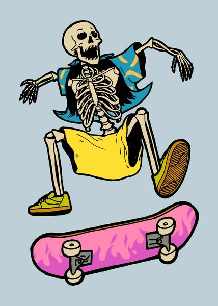 Skeleton Skater Kostlivec Šortkách Havajské Košili Skákající Skateboardu Izolovaný Znak — Stockový vektor