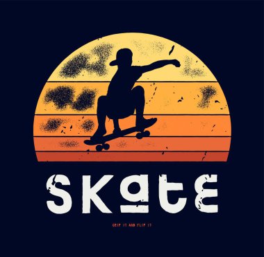 Sunset klasik tipografi etiketinin önünde patenci. Yaz sporu kaykay tişörtü baskı vektör illüstrasyonu.