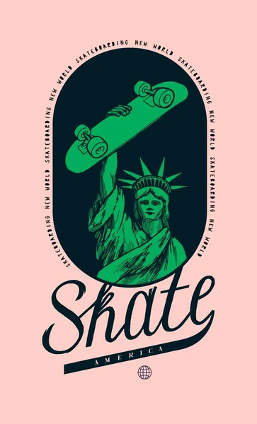 Statua Del Pattinatore Liberty Statua Della Libertà Che Tiene Skateboard — Vettoriale Stock