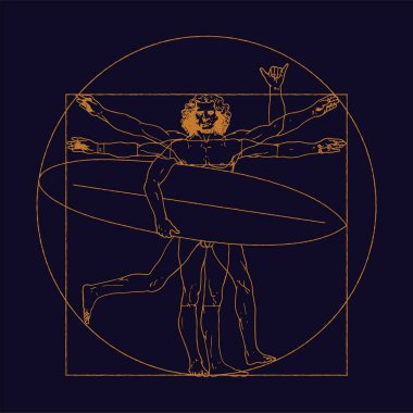 Da Vinci sörfçüsü. Vitruvius 'lu sörf yapmaya gitti. Shaka işareti gösteriyor. Rönesans sörf vektör çizimi.
