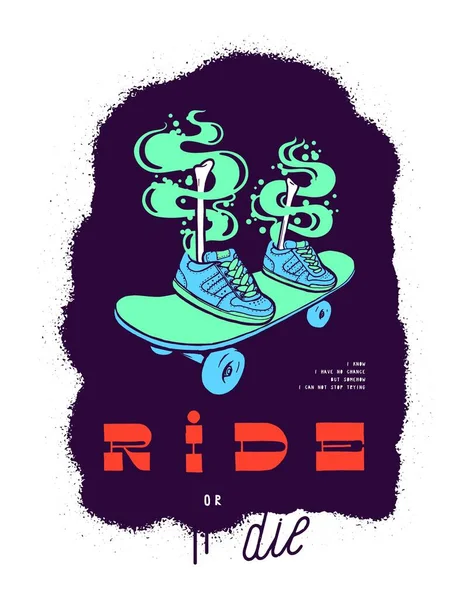 Ride Die Skateboarder Leg Bones Sneakers Skateboard Summer Sports Vintage — Stock Vector