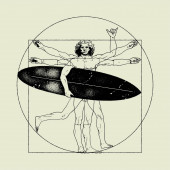 Da Vinci, surfař. Vitruvijec šel surfovat a ukazoval znamení Shaka. Izolovaná vektorová ilustrace.