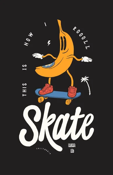 Patinador Plátano Banana Carácter Skateboarding Tipografía Vintage Camiseta Impresión Vector — Vector de stock