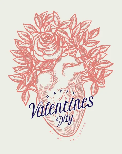 Vintage Realistic Heart Rose Bush Valentines Day Card — Vetor de Stock