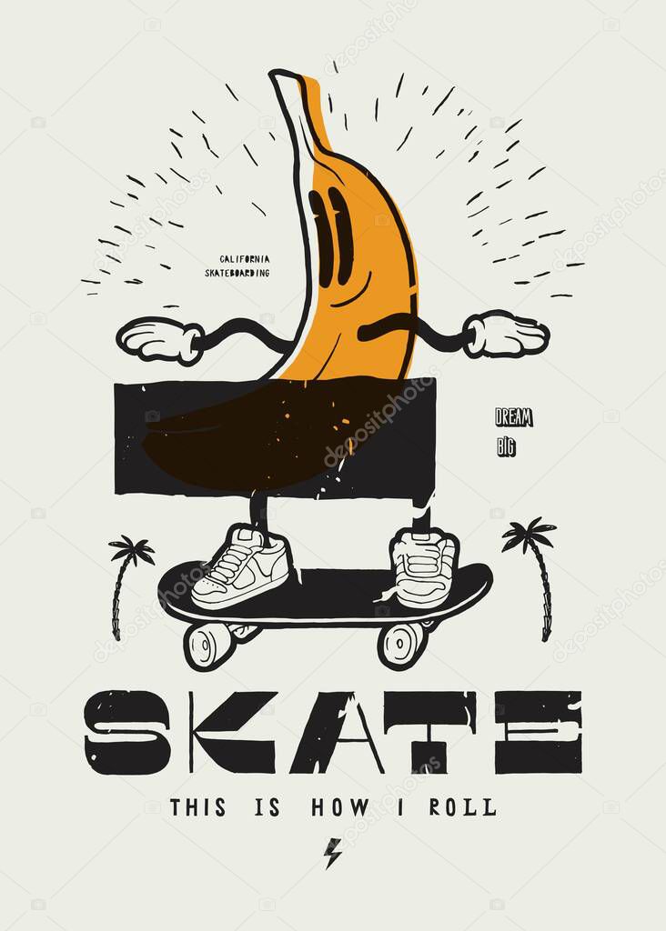 Banana skater censored. California skateboarding t-shirt print with a banana character with his lower part censored vector illustration.