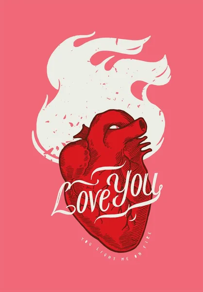 Valentines Day Card Realistic Heart Fire Vintage Typography Love You — Stockový vektor