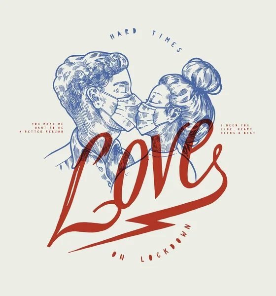 People Medical Masks Kissing Vintage Typography Love Card Pandemic Valentines — Stock Vector
