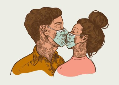 Tıbbi maskeli bir adam ve kadın sevgililer günü vektör resimlerini izole ediyor..