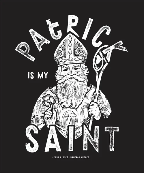 Patrick Saint Patrick Irish Apostle Staff Clover Leaf Vintage Typography — Stock Vector