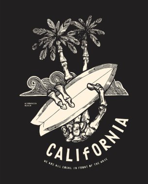 Parmak olarak palmiye ağaçları olan iskelet eller. California sörf tipografisi tişört baskısı vektör çizimi.