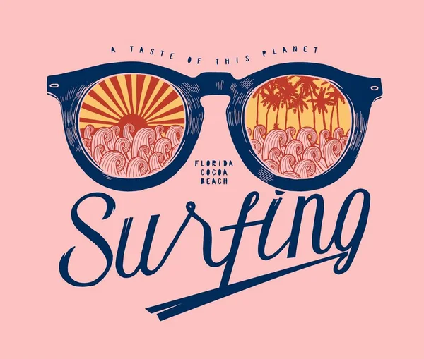 Tropische Wellen Sonnenbrille Vintage Typografie Surfing Shirt Print — Stockvektor
