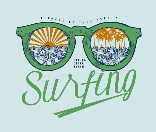 Tropische Sonnenbrille Mit Sonne Und Palmen Inneren Vintage Typografie Shier — Stockvektor