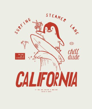 Penguen California 'da sörf yapıyor. Penguen maskotu karakter sörfü dalgası, elinde kokteyl var. Summer Beach spor tipografisi tişört baskısı vektör illüstrasyonu.