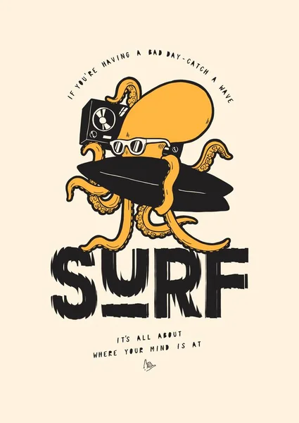 Octopus Surfing Octopus Character Holding Surfboard Vintage Boombox Surfing Character — Stockvektor