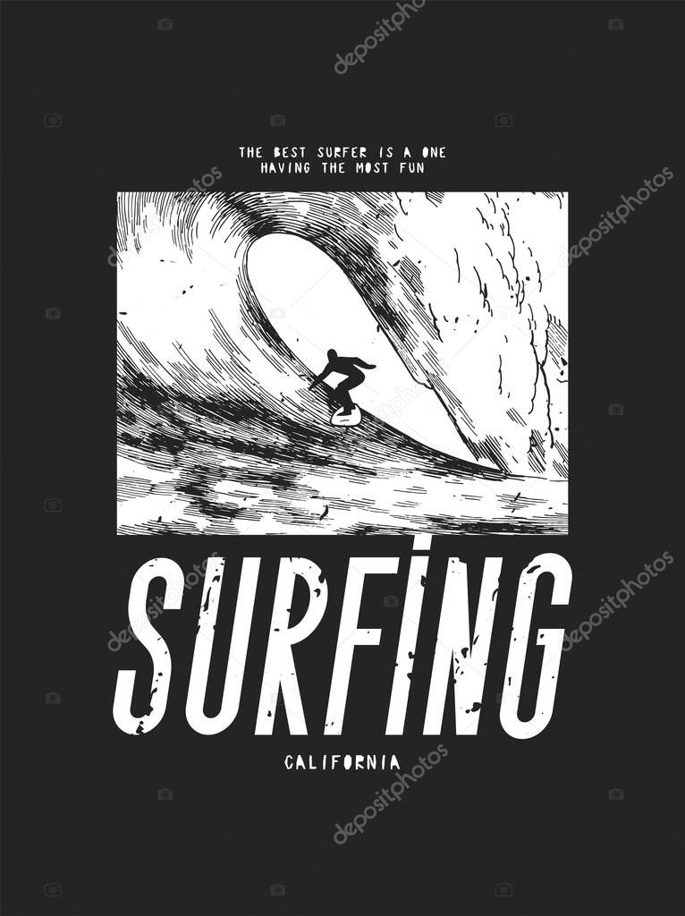 Surfing big wave. Person surfing maverick wave silhouette. Distressed vintage beach sports typography t-shirt print silkscreen vector illustration.