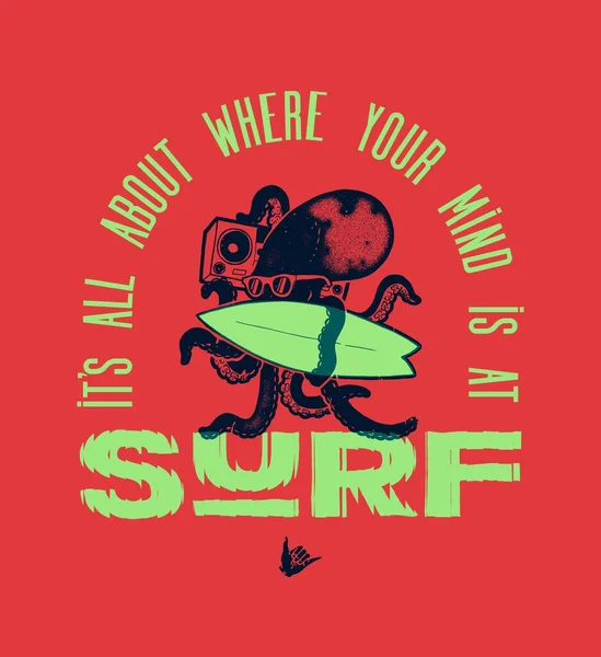 Kraken Surfen Oktopusfigur Mit Boombox Und Surfbrett Surftypografie Siebdruck Shirt — Stockvektor