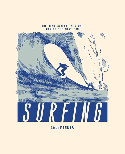 Person Surfing Small Person Figure Riding Huge Wave Vintage Typography — Image vectorielle