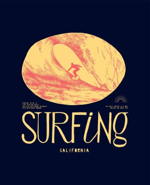 Sörf dalgası. Dev bir başına buyruk dalganın içinde küçük bir insan silueti. Yaz sporları tipografi ipek ekran tişört baskı vektör illüstrasyonu.