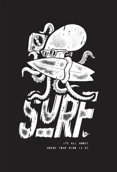 Octopus Surfing Boombox Distressed Vintage Typography Silkscreen Shirt Print Vector — Stockvektor