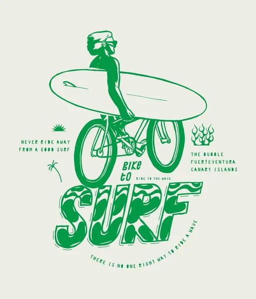 Fahrrad Zum Surfen Person Mit Fahrrad Und Surfbrett Moderne Typografie — Stockvektor