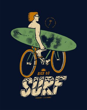 Sörf için bisiklet. Sörf tahtasıyla bisiklet süren biri. Yaz sporları ipek ekran tişört baskı vektör illüstrasyonu.
