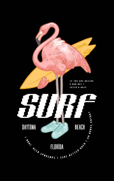 Flamingosurfen Flamingo Charakter Coolen Turnschuhen Mit Surfbrett Modernes Surfen Shirt — Stockvektor