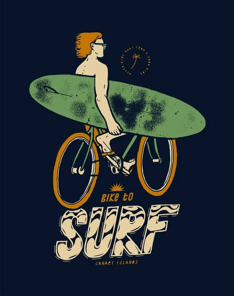 Bicicleta Para Surfear Persona Bicicleta Con Tabla Surf Verano Deportes — Vector de stock