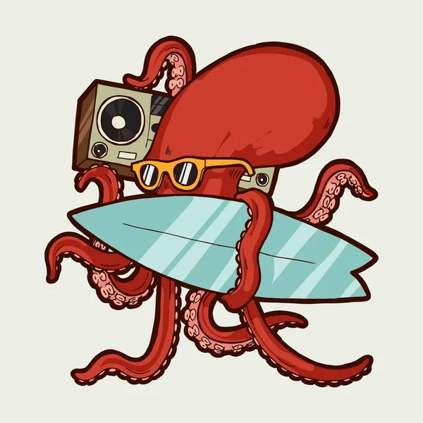 Χταπόδι Surfing Cool Octopus Χαρακτήρα Boombox Και Ιστιοσανίδα Παραλία Σπορ — Διανυσματικό Αρχείο
