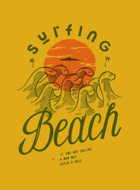 Sörf plajı. Güneşin önünde tatlı vintage dalgalar ve gökyüzündeki kuş. Klasik sarı ipek ekran sörf tişörtü baskı klasik tipografi vektör çizimi.