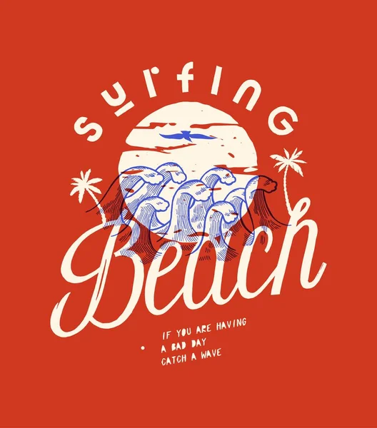 Surfstrand Lockige Niedliche Vintage Wellen Und Palmen Siebdruck Typografie Drucken — Stockvektor