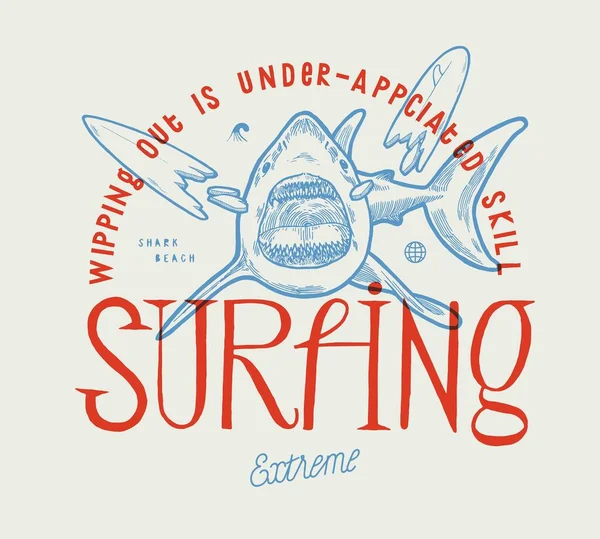 Planche Surf Mordue Par Requin Shark Beach Surfing Vintage Typographie — Image vectorielle