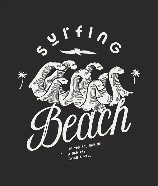 Plage Surf Mignon Grandes Vagues Typographie Vintage Imprimer Avec Des — Image vectorielle
