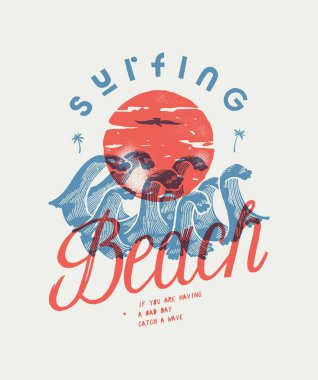 Surfing beach silkscreen tall cute waves and bird silhouette in front of the sun and palm-trees t-shirt print vector illustration.