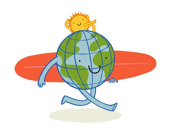 地球サーフィン サーフボードに小さな太陽のキャラクターがいる惑星地球のキャラクターが頭を歩いています かわいい世界サーフィンのキャラクターが孤立 — ストックベクタ