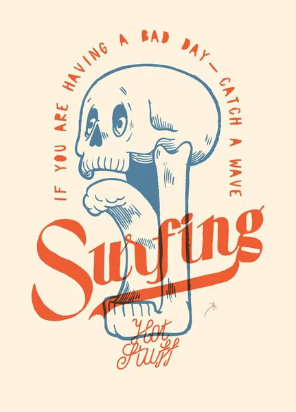 Cráneo Con Lengua Onda Funny Surf Carácter Tipografía Ilustración Serigrafía — Vector de stock