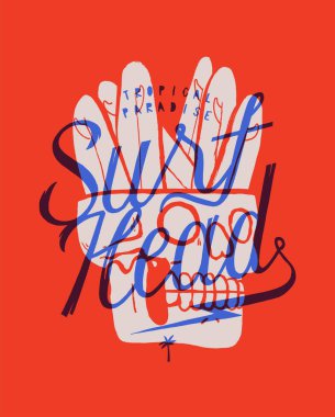 Sörfçü. Sörf tahtası dolu bir kafatası. Klasik tipografi tişörtü baskı vektör çizimi sörfü.