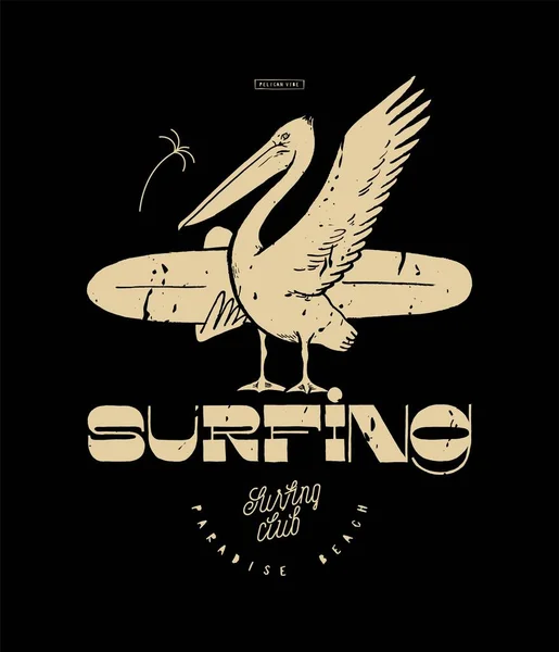Pelikan Surft Surfen Vintage Typografie Siebdruck Shirt Druck Vektorillustration — Stockvektor