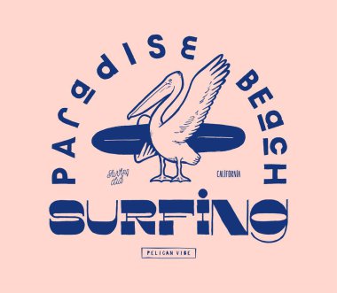 Pelikan sörfü. Sörf tahtası ipek ekran stili klasik tişört baskılı sörf vektörü illüstrasyonuyla cennet sahili sörfü yapan tropik bir kuş.
