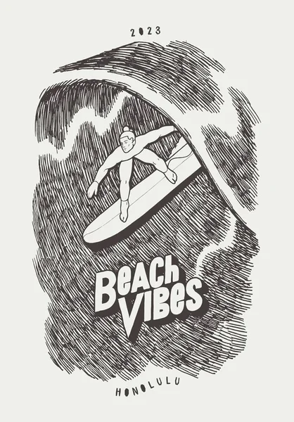 Beach Vibes Surfer Riding Wave Vintage Typography Silkscreen Surfing Shirt — ストックベクタ