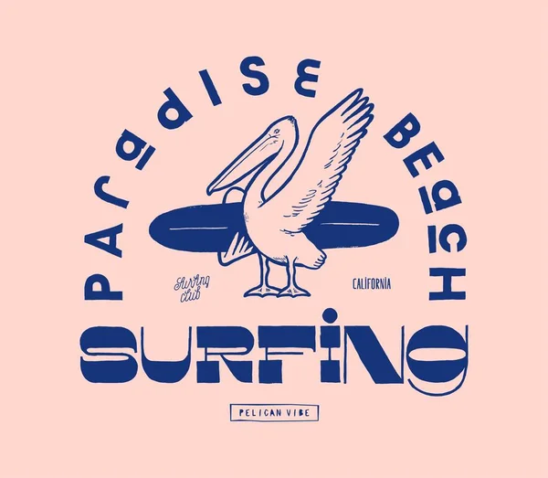 Pelican Surfing Paradise Beach Surfing Tropical Bird Surfboard Silkscreen Style — Stockvektor