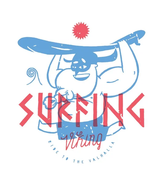 Viking Surfer Funny Fat Man Horny Helmet Running Surfboard Summer — Stockvektor