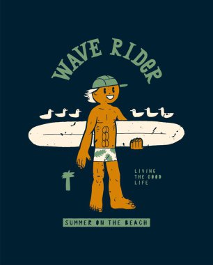 Dalga sürücüsü. Sörf tahtası ve üzerinde bir sürü martı olan bir sörfçü. İpekekran tipografi tişört baskılı sörf vektörü çizimi.