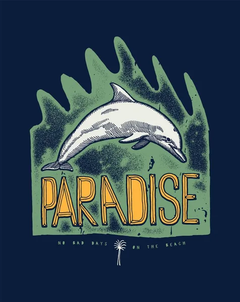 Dolphin Paradise Dolphin Jumping Waves Distressed Silkscreen Summer Shirt Print — Διανυσματικό Αρχείο